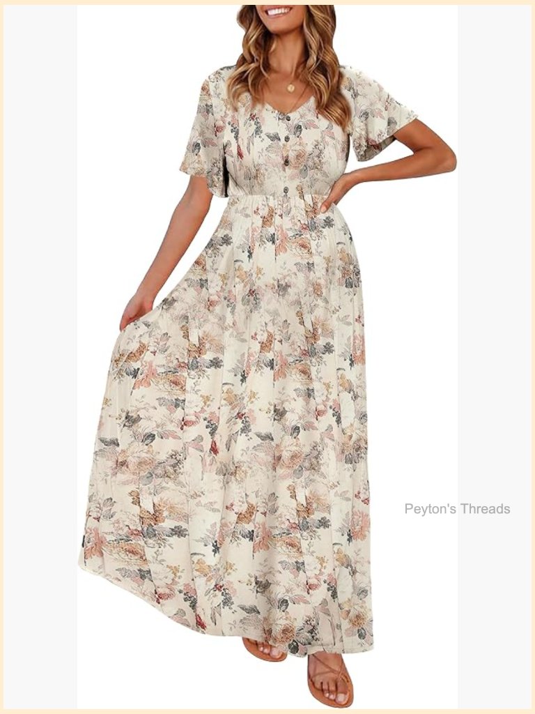 Maternity Maxi Dress With Decorative Button Short Ruffle Sleeve V-Neck A-Line